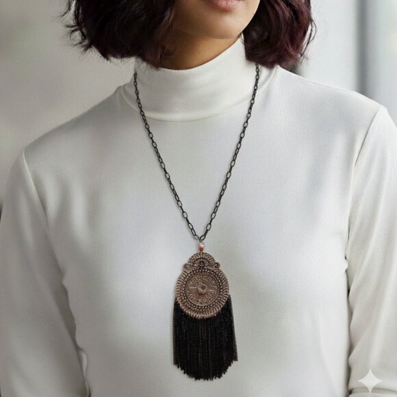 Handmade Black and Dark Silver Tassel Statement Fashion Medallion Necklace - Picture 7 of 8